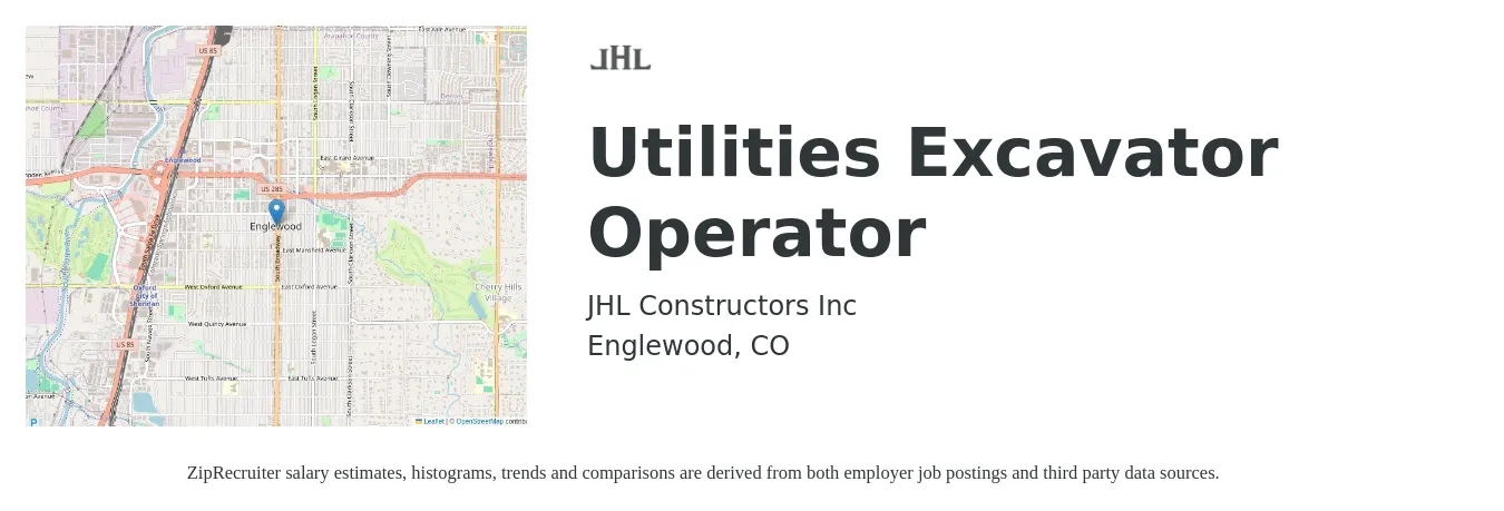 JHL Constructors Inc job posting for a Utilities Excavator Operator in Englewood, CO with a salary of $32 to $45 Hourly and benefits including dental, life_insurance, medical, retirement, and vision with a map of Englewood location.