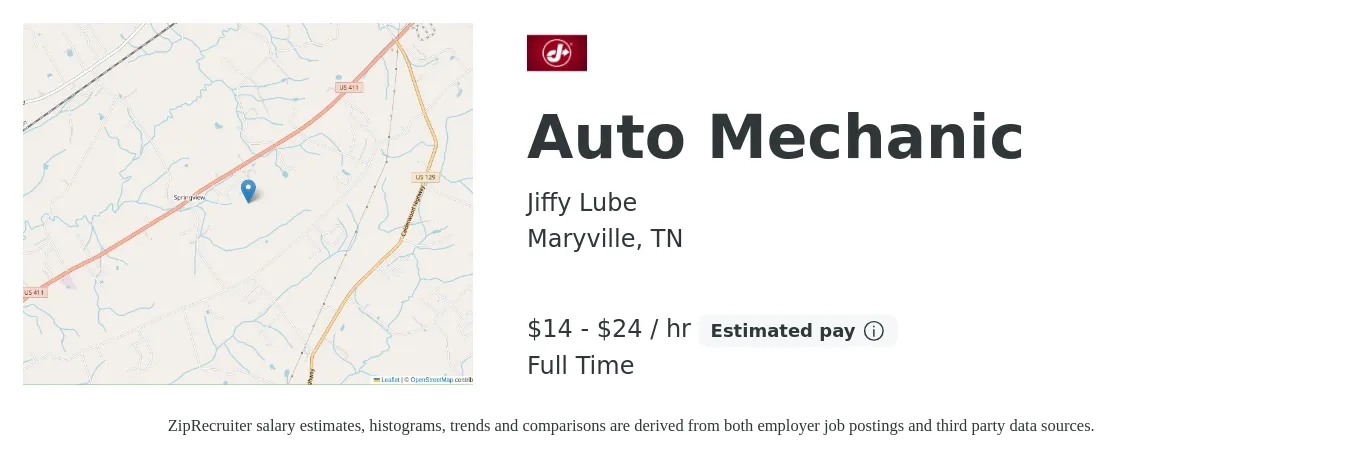 Jiffy Lube job posting for a Auto Mechanic in Maryville, TN with a salary of $15 to $25 Hourly with a map of Maryville location.