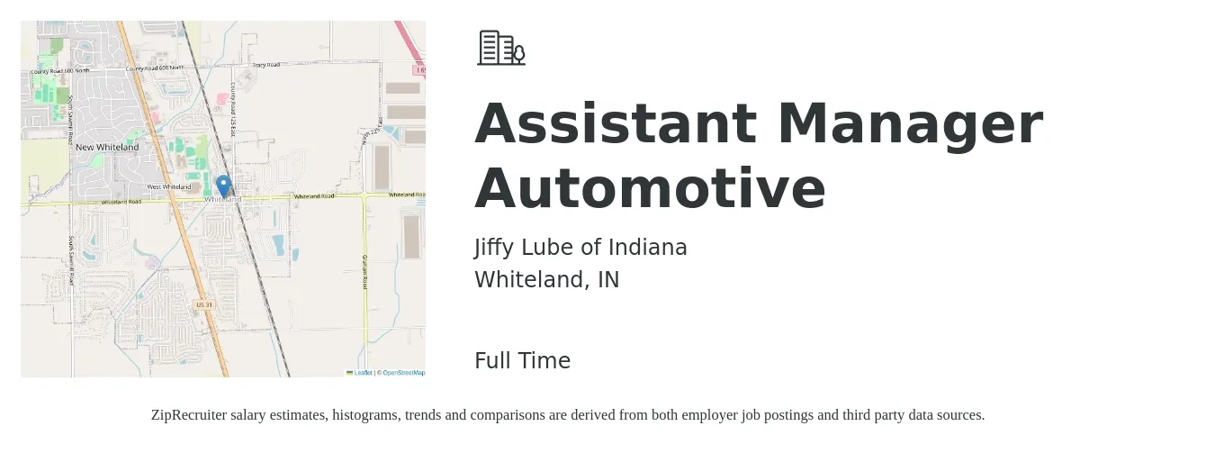 Jiffy Lube of Indiana job posting for a Assistant Manager Automotive in Whiteland, IN with a salary of $16 to $22 Hourly with a map of Whiteland location.