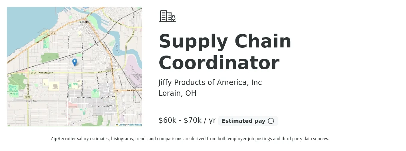Jiffy Products of America, Inc job posting for a Supply Chain Coordinator in Lorain, OH with a salary of $60,000 to $70,000 Yearly with a map of Lorain location.