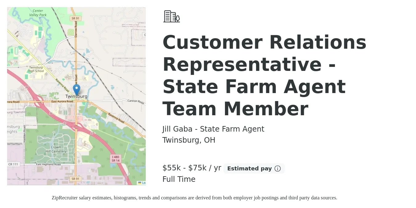 Jill Gaba - State Farm Agent job posting for a Customer Relations Representative - State Farm Agent Team Member in Twinsburg, OH with a salary of $40,000 to $80,000 Yearly with a map of Twinsburg location.