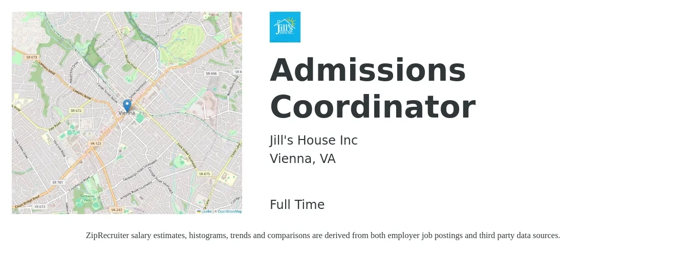 Jill's House Inc job posting for a Admissions Coordinator in Vienna, VA with a salary of $19 to $26 Hourly with a map of Vienna location.