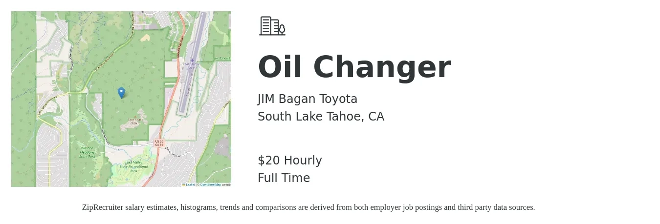 JIM Bagan Toyota job posting for a Oil Changer in South Lake Tahoe, CA with a salary of $21 Hourly with a map of South Lake Tahoe location.