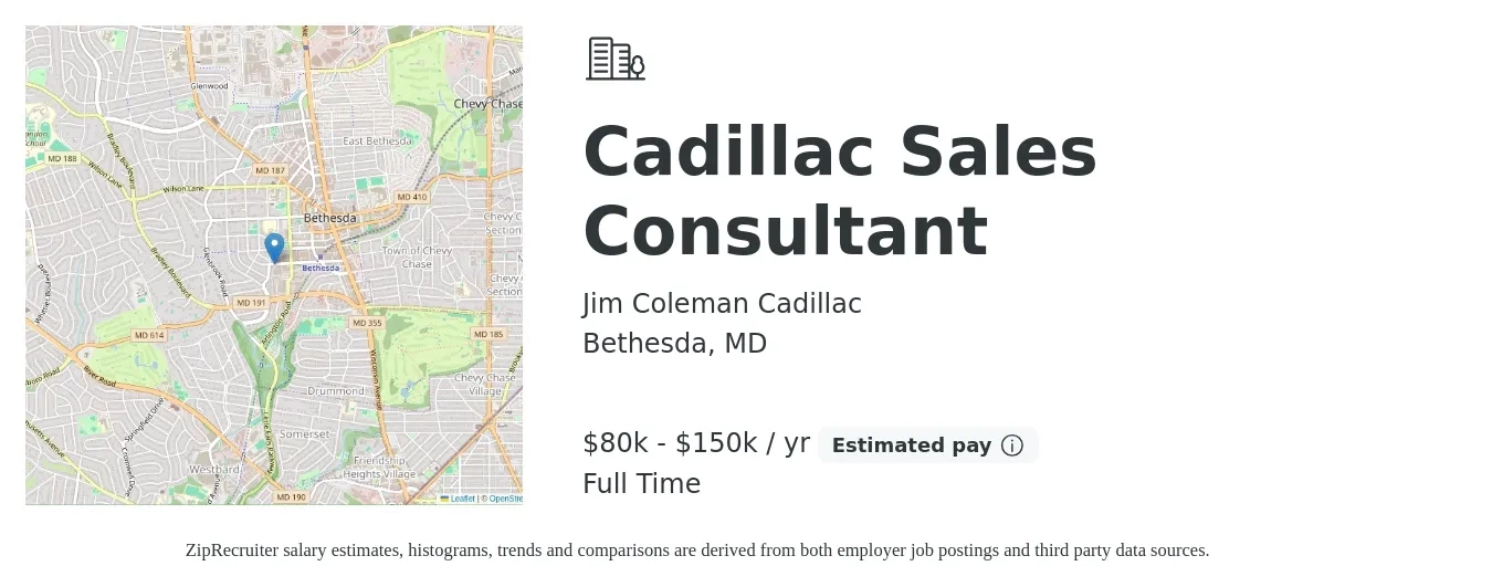 Jim Coleman Cadillac job posting for a Cadillac Sales Consultant in Bethesda, MD with a salary of $80,000 to $150,000 Yearly with a map of Bethesda location.