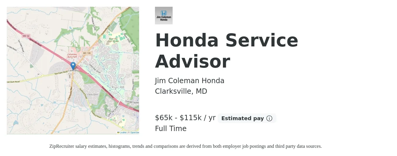 Jim Coleman Honda job posting for a Honda Service Advisor in Clarksville, MD with a salary of $65,000 to $115,000 Yearly with a map of Clarksville location.