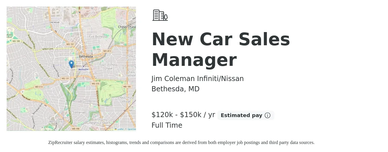 Jim Coleman Infiniti/Nissan job posting for a New Car Sales Manager in Bethesda, MD with a salary of $120,000 to $150,000 Yearly with a map of Bethesda location.