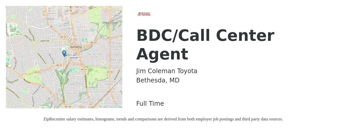 Jim Coleman Toyota job posting for a BDC/Call Center Agent in Bethesda, MD with a salary of $16 to $22 Hourly with a map of Bethesda location.