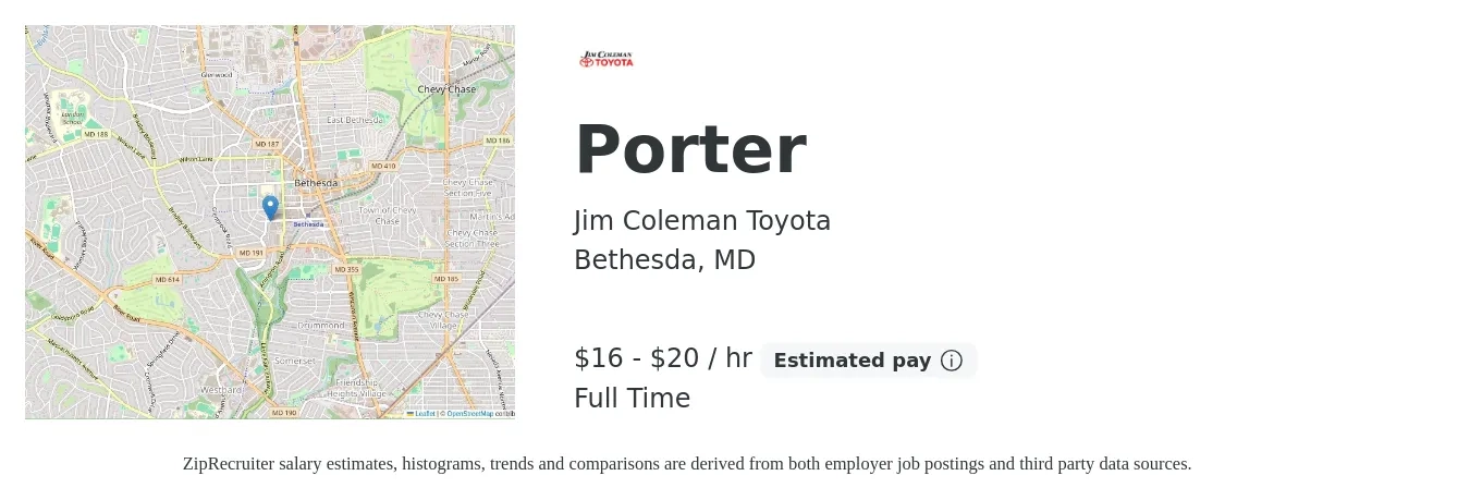 Jim Coleman Toyota job posting for a Porter in Bethesda, MD with a salary of $17 to $21 Hourly with a map of Bethesda location.