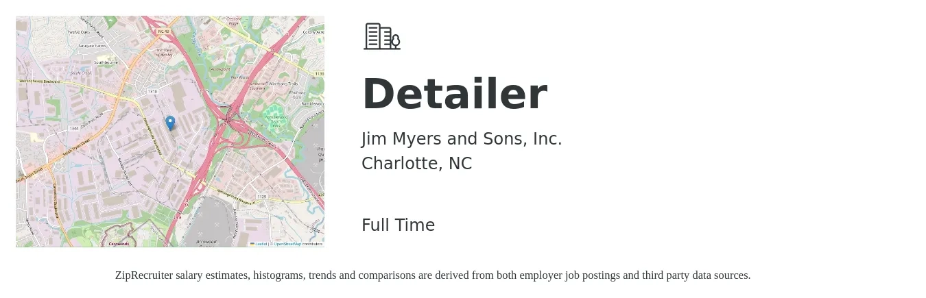 Jim Myers and Sons, Inc. job posting for a Detailer in Charlotte, NC with a salary of $14 to $17 Hourly with a map of Charlotte location.