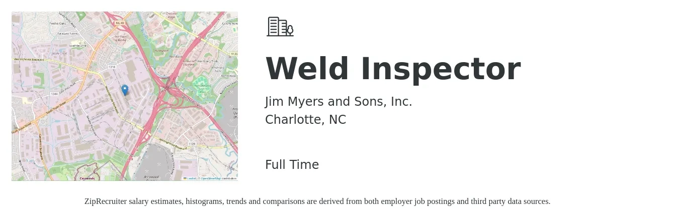Jim Myers and Sons, Inc. job posting for a Weld Inspector in Charlotte, NC with a salary of $19 to $32 Hourly with a map of Charlotte location.