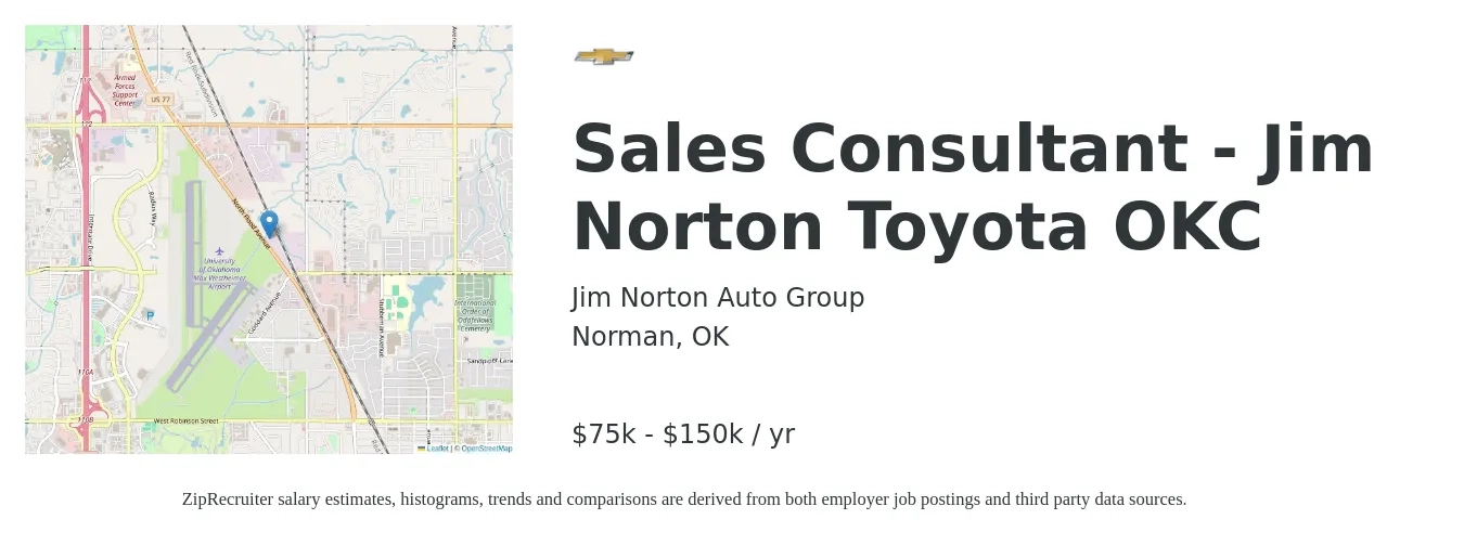 Jim Norton Auto Group job posting for a Sales Consultant - Jim Norton Toyota OKC in Norman, OK with a salary of $75,000 to $150,000 Yearly with a map of Norman location.
