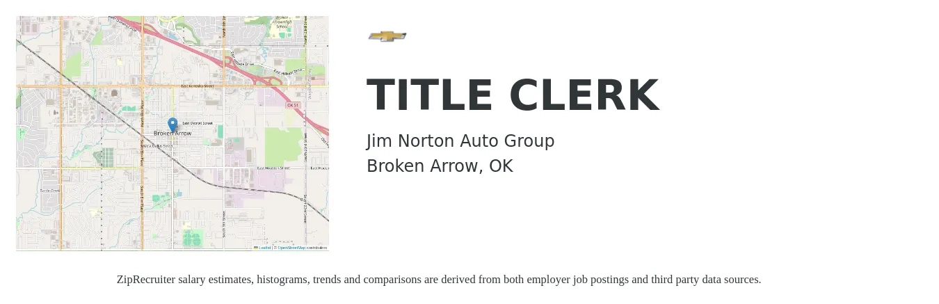 Jim Norton Auto Group job posting for a TITLE CLERK in Broken Arrow, OK with a salary of $14 to $18 Hourly with a map of Broken Arrow location.