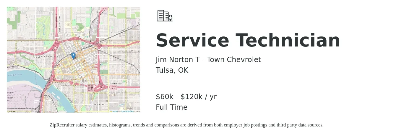 Jim Norton T - Town Chevrolet job posting for a Service Technician in Tulsa, OK with a salary of $18 to $25 Hourly with a map of Tulsa location.