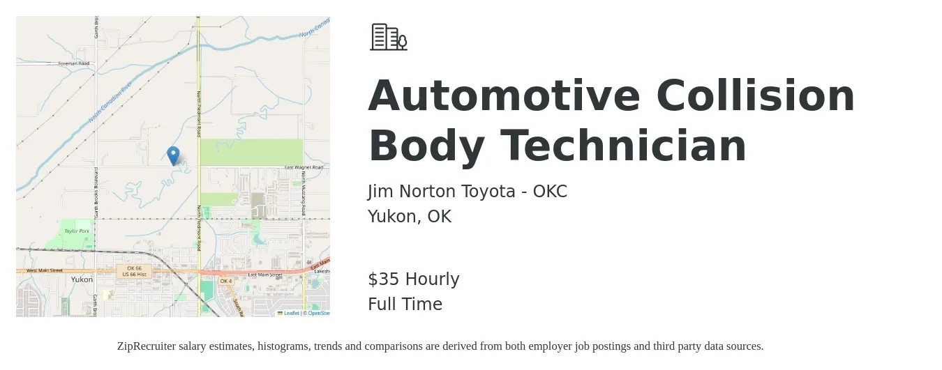 Jim Norton Toyota - OKC job posting for a Automotive Collision Body Technician in Yukon, OK with a salary of $37 Hourly with a map of Yukon location.
