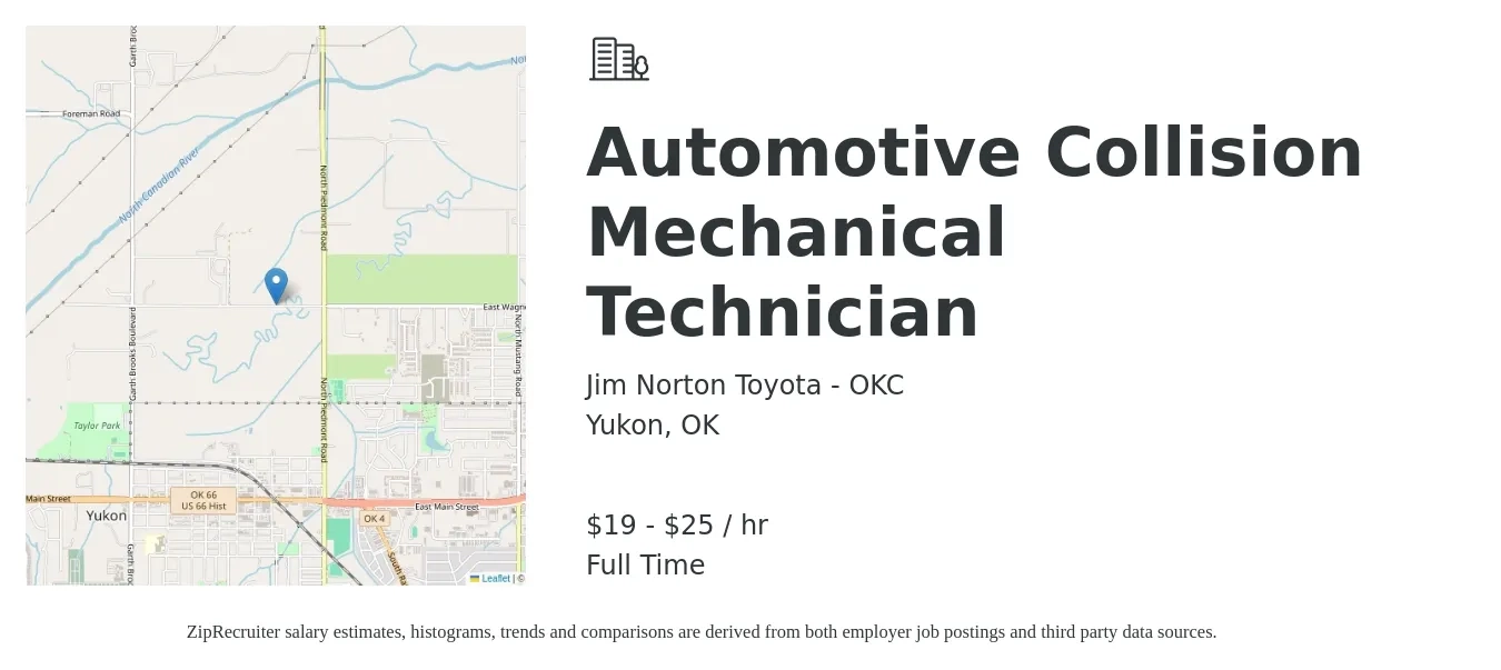 Jim Norton Toyota - OKC job posting for a Automotive Collision Mechanical Technician in Yukon, OK with a salary of $20 to $27 Hourly with a map of Yukon location.