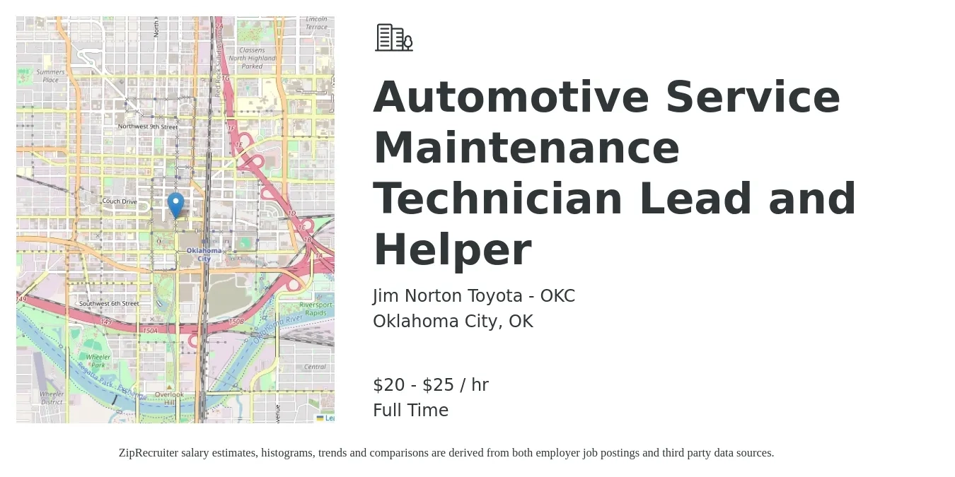 Jim Norton Toyota - OKC job posting for a Automotive Service Maintenance Technician Lead and Helper in Oklahoma City, OK with a salary of $21 to $26 Hourly with a map of Oklahoma City location.