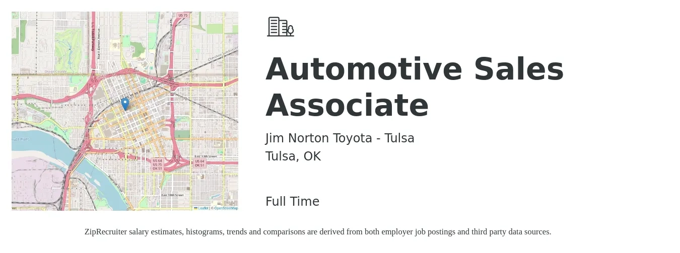 Jim Norton Toyota - Tulsa job posting for a Automotive Sales Associate in Tulsa, OK with a salary of $15 to $24 Hourly with a map of Tulsa location.