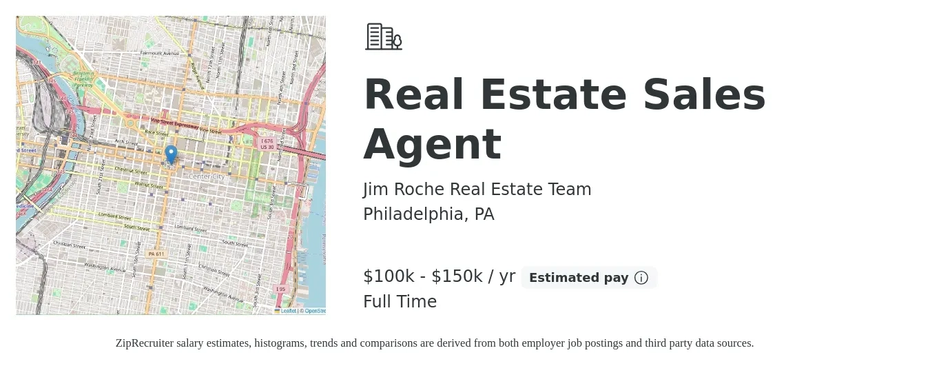 Jim Roche Real Estate Team job posting for a Real Estate Sales Agent in Philadelphia, PA with a salary of $100,500 to $150,000 Yearly with a map of Philadelphia location.