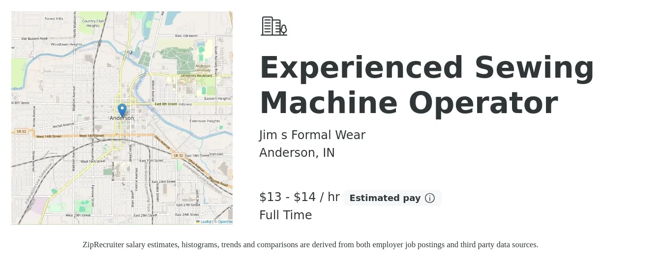 Jim s Formal Wear job posting for a Experienced Sewing Machine Operator in Anderson, IN with a salary of $14 to $15 Hourly with a map of Anderson location.
