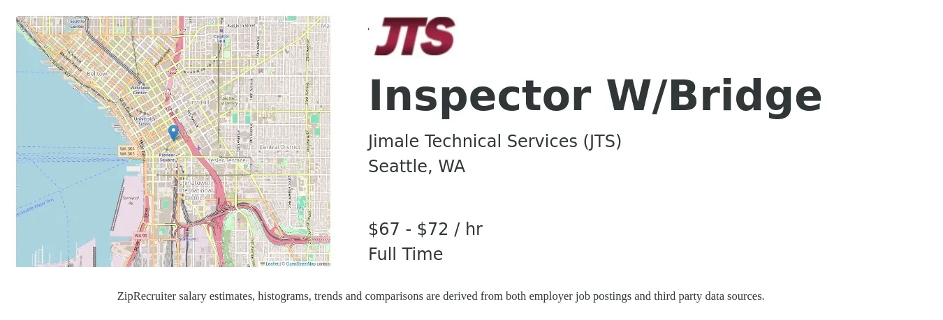 Jimale Technical Services (JTS) job posting for a Inspector W/Bridge in Seattle, WA with a salary of $70 to $75 Hourly with a map of Seattle location.