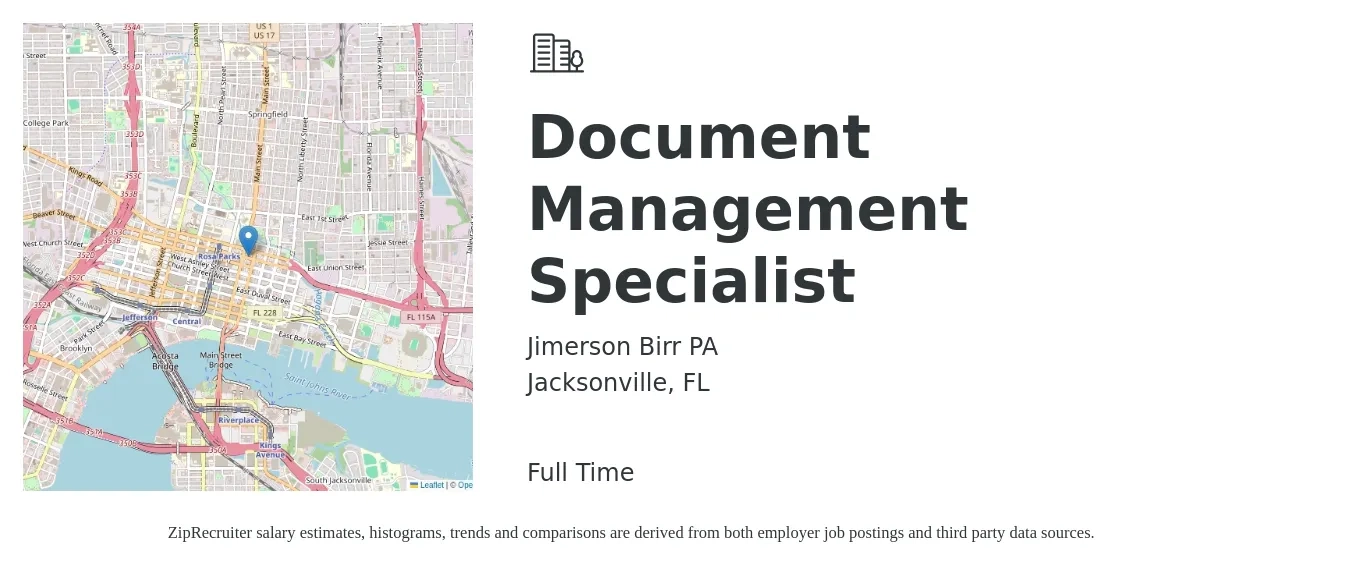 Jimerson Birr PA job posting for a Document Management Specialist in Jacksonville, FL with a salary of $51,900 to $91,400 Yearly with a map of Jacksonville location.
