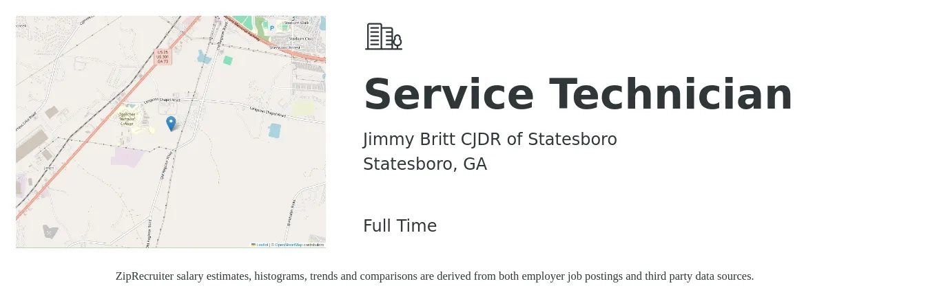 Jimmy Britt CJDR of Statesboro job posting for a Service Technician in Statesboro, GA with a salary of $16 to $23 Hourly with a map of Statesboro location.