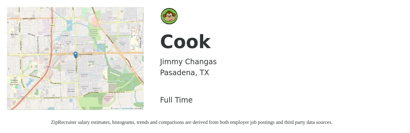 Jimmy Changas job posting for a Cook in Pasadena, TX with a salary of $12 to $16 Hourly with a map of Pasadena location.