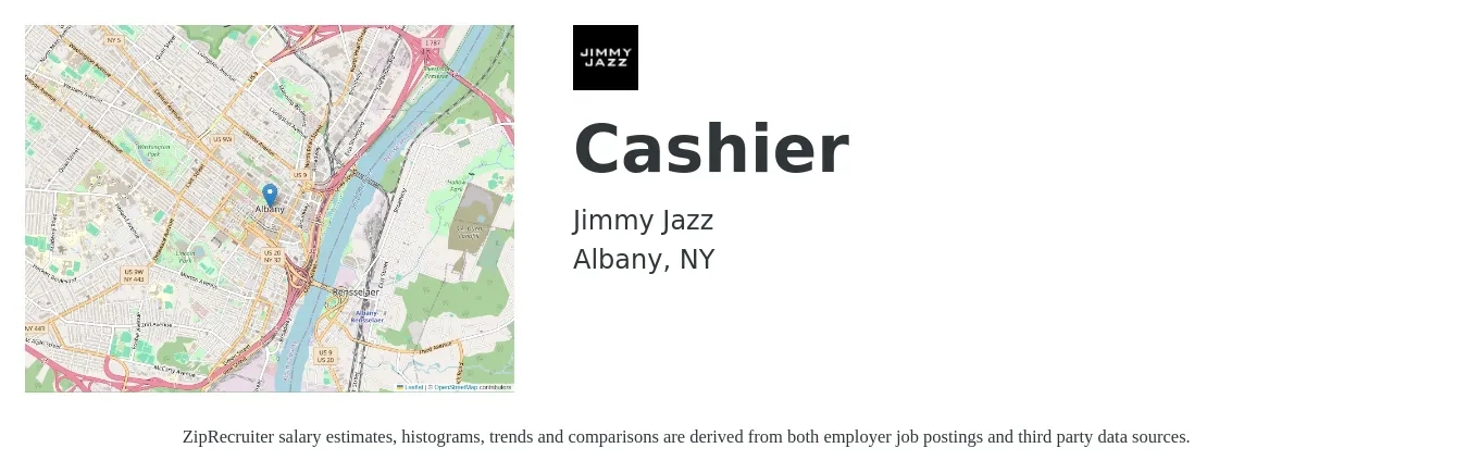 Jimmy Jazz job posting for a Cashier in Albany, NY with a salary of $12 to $16 Hourly with a map of Albany location.