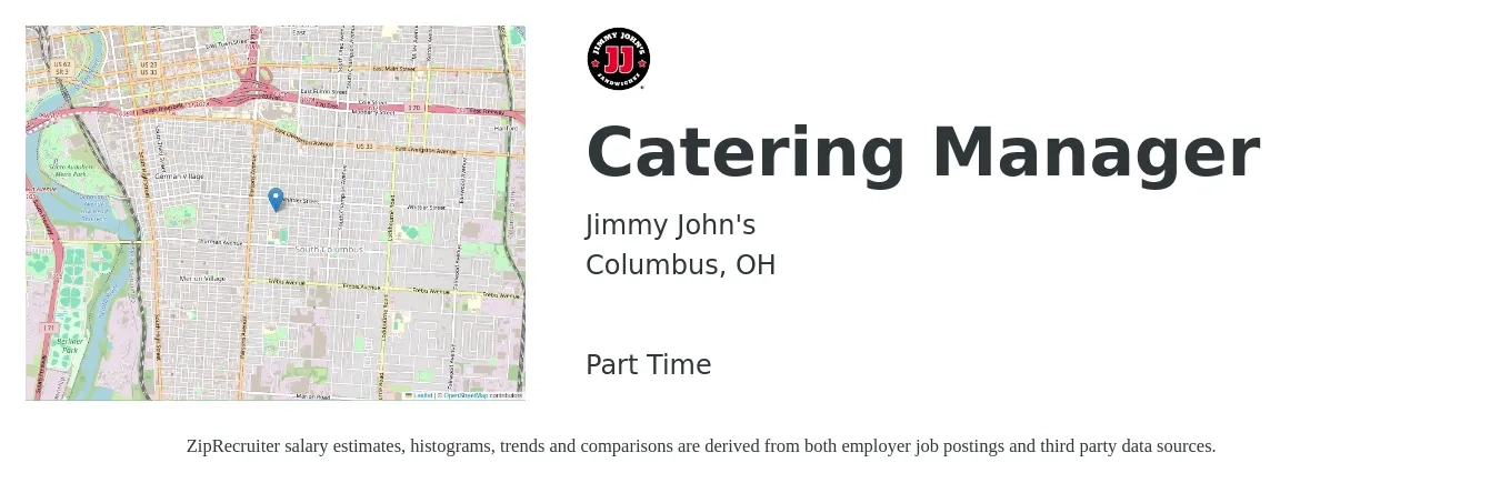 Jimmy John's job posting for a Catering Manager in Columbus, OH with a salary of $16 to $27 Hourly with a map of Columbus location.