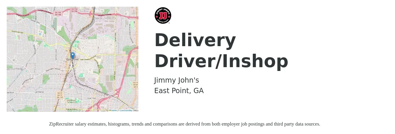 Jimmy John's job posting for a Delivery Driver/Inshop in East Point, GA with a salary of $16 to $20 Hourly with a map of East Point location.