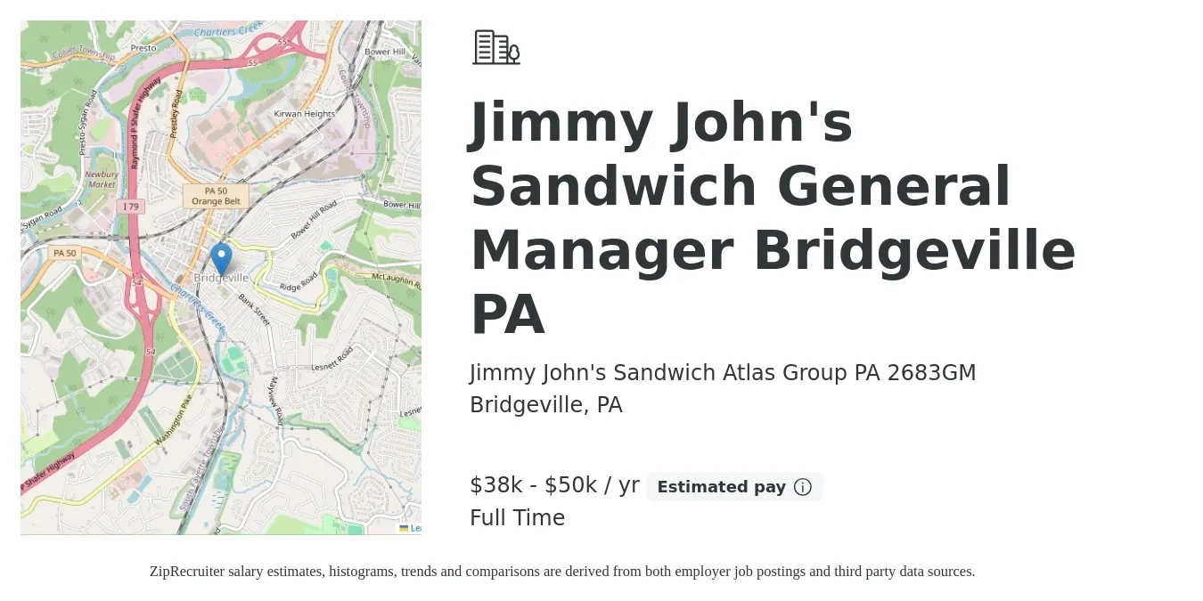 Jimmy John's Sandwich Atlas Group PA 2683GM job posting for a Jimmy John's Sandwich General Manager Bridgeville PA in Bridgeville, PA with a salary of $38,000 to $50,000 Yearly with a map of Bridgeville location.