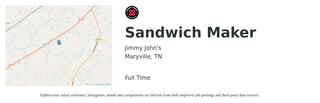 Jimmy John's job posting for a Sandwich Maker in Maryville, TN with a salary of $10 to $13 Hourly with a map of Maryville location.