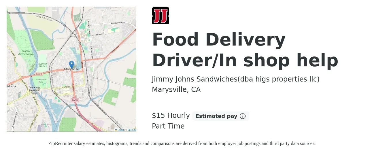 Jimmy Johns Sandwiches(dba higs properties llc) job posting for a Food Delivery Driver/In shop help in Marysville, CA with a salary of $16 to $16 Hourly with a map of Marysville location.