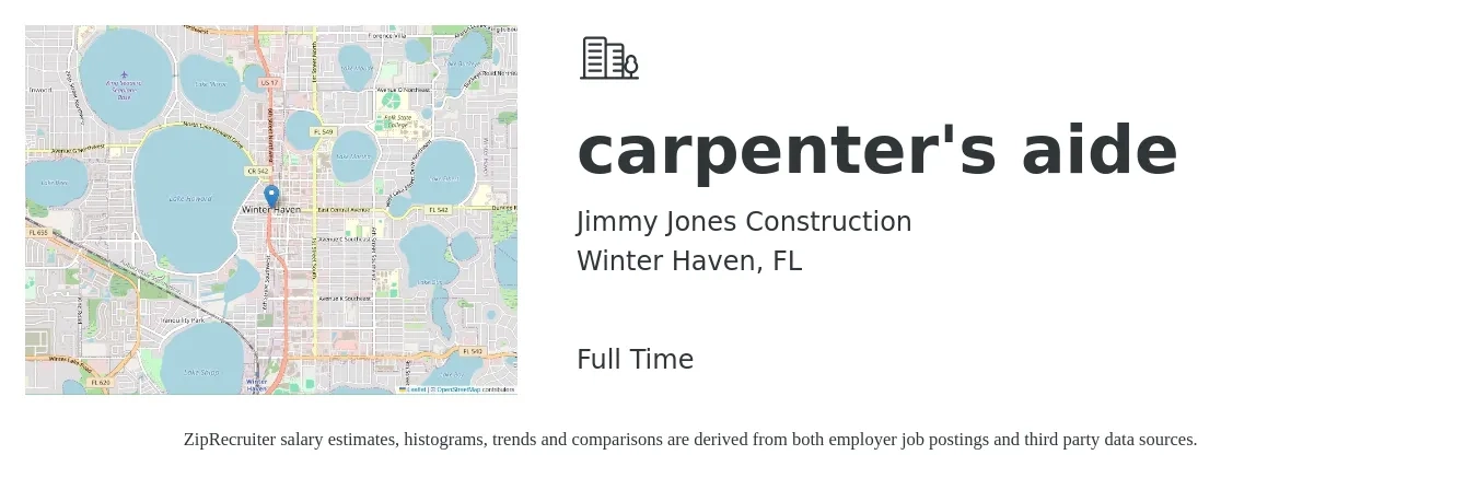 Jimmy Jones Construction job posting for a carpenter's aide in Winter Haven, FL with a salary of $19 to $26 Hourly with a map of Winter Haven location.