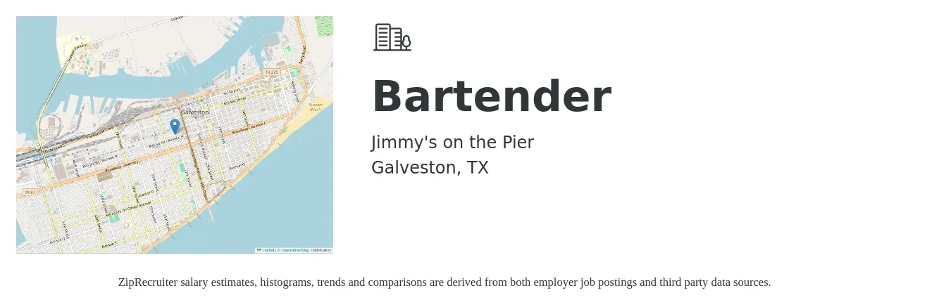 Jimmy's on the Pier job posting for a Bartender in Galveston, TX with a salary of $10 to $18 Hourly with a map of Galveston location.