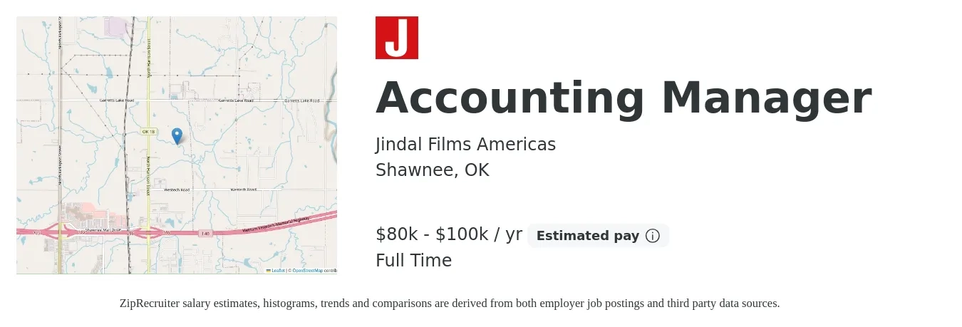 Jindal Films Americas job posting for a Accounting Manager in Shawnee, OK with a salary of $80,000 to $100,000 Yearly with a map of Shawnee location.