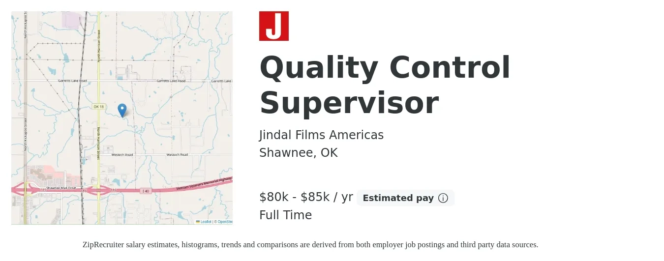 Jindal Films Americas job posting for a Quality Control Supervisor in Shawnee, OK with a salary of $80,000 to $85,000 Yearly with a map of Shawnee location.