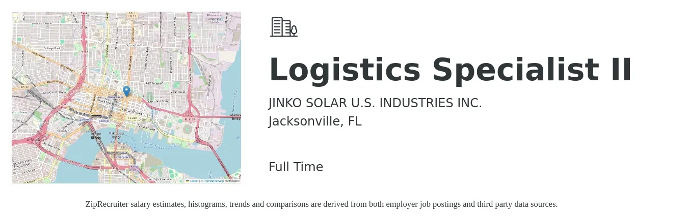 JINKO SOLAR U.S. INDUSTRIES INC. job posting for a Logistics Specialist II in Jacksonville, FL with a salary of $19 to $28 Hourly with a map of Jacksonville location.