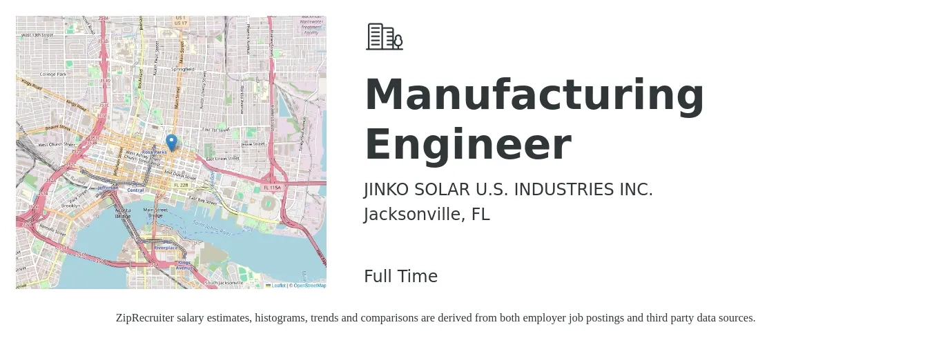 JINKO SOLAR U.S. INDUSTRIES INC. job posting for a Manufacturing Engineer in Jacksonville, FL with a salary of $67,200 to $86,600 Yearly with a map of Jacksonville location.