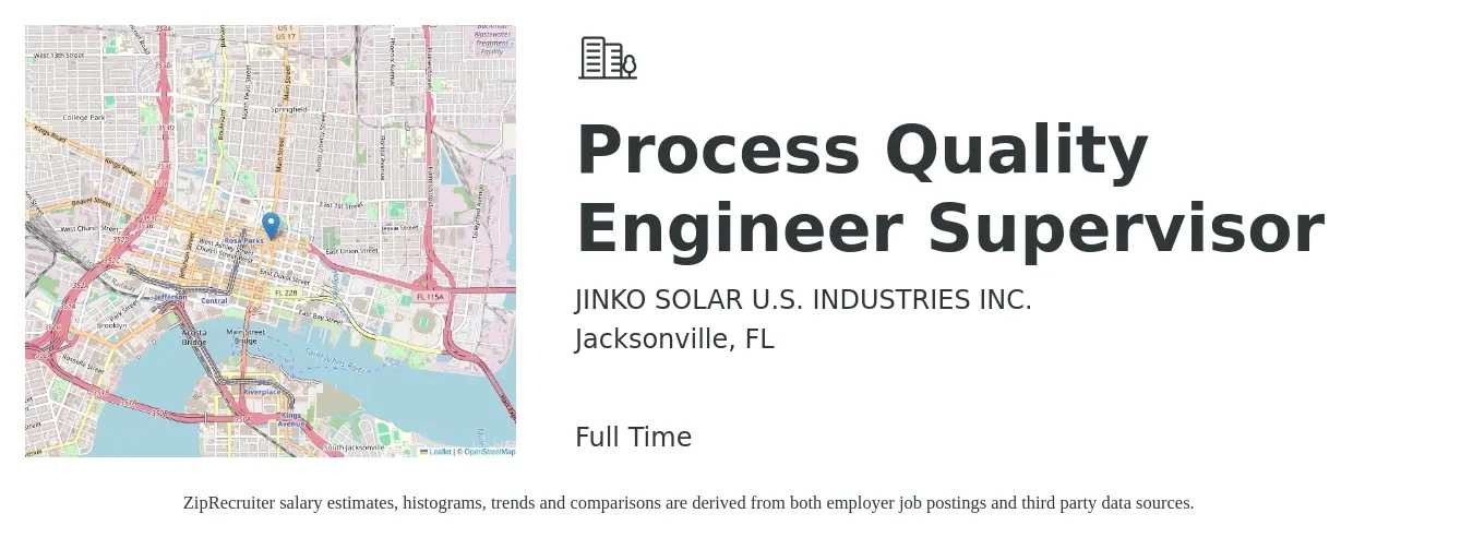 JINKO SOLAR U.S. INDUSTRIES INC. job posting for a Process Quality Engineer Supervisor in Jacksonville, FL with a salary of $69,100 to $91,200 Yearly with a map of Jacksonville location.