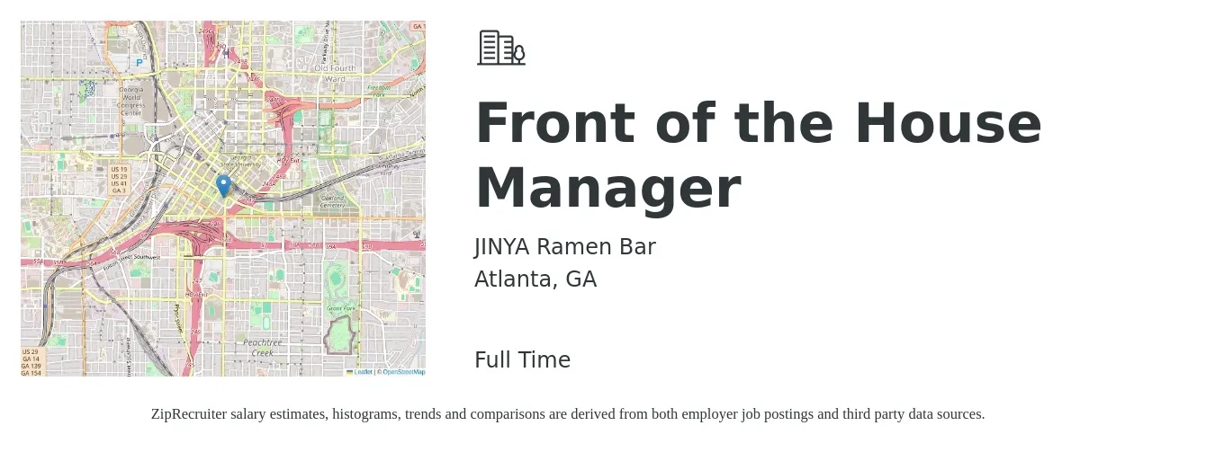 JINYA Ramen Bar job posting for a Front of the House Manager in Atlanta, GA with a salary of $14 to $26 Hourly with a map of Atlanta location.