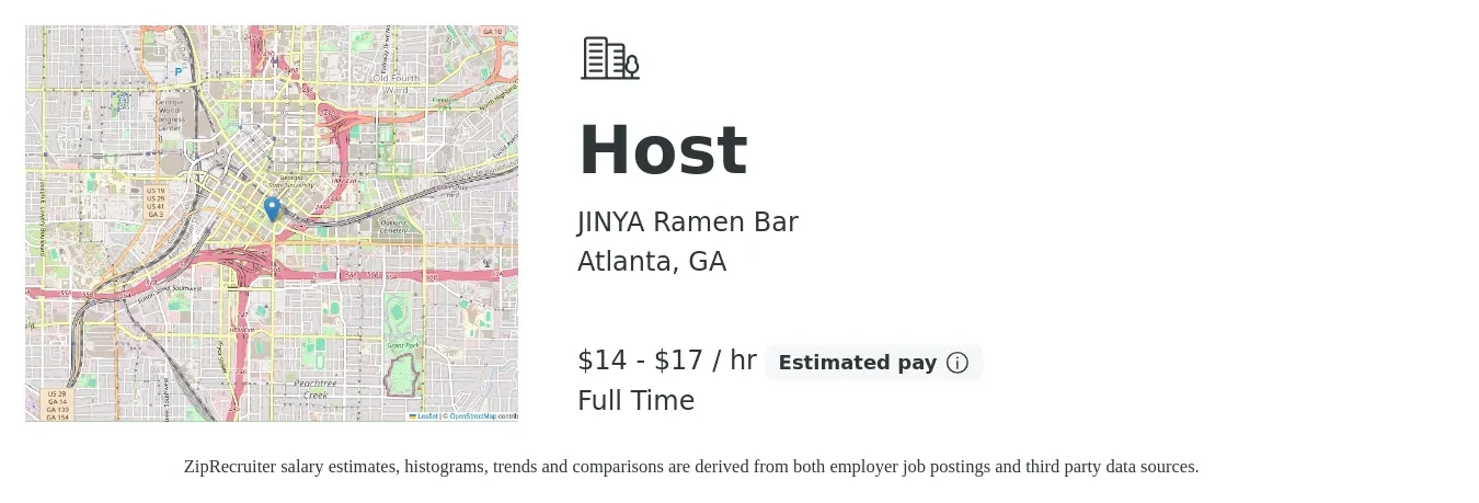 JINYA Ramen Bar job posting for a Host in Atlanta, GA with a salary of $14 to $20 Hourly with a map of Atlanta location.