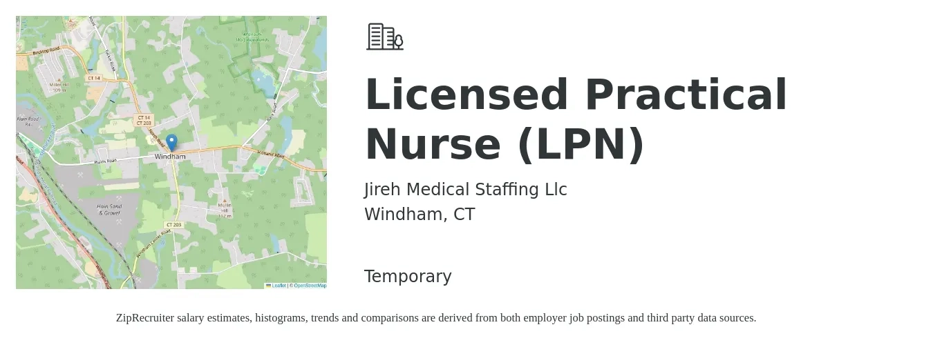 Jireh Medical Staffing Llc job posting for a Licensed Practical Nurse (LPN) in Windham, CT with a salary of $24 to $32 Hourly with a map of Windham location.