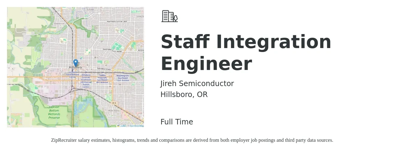 Jireh Semiconductor job posting for a Staff Integration Engineer in Hillsboro, OR with a salary of $75,100 to $136,100 Yearly with a map of Hillsboro location.