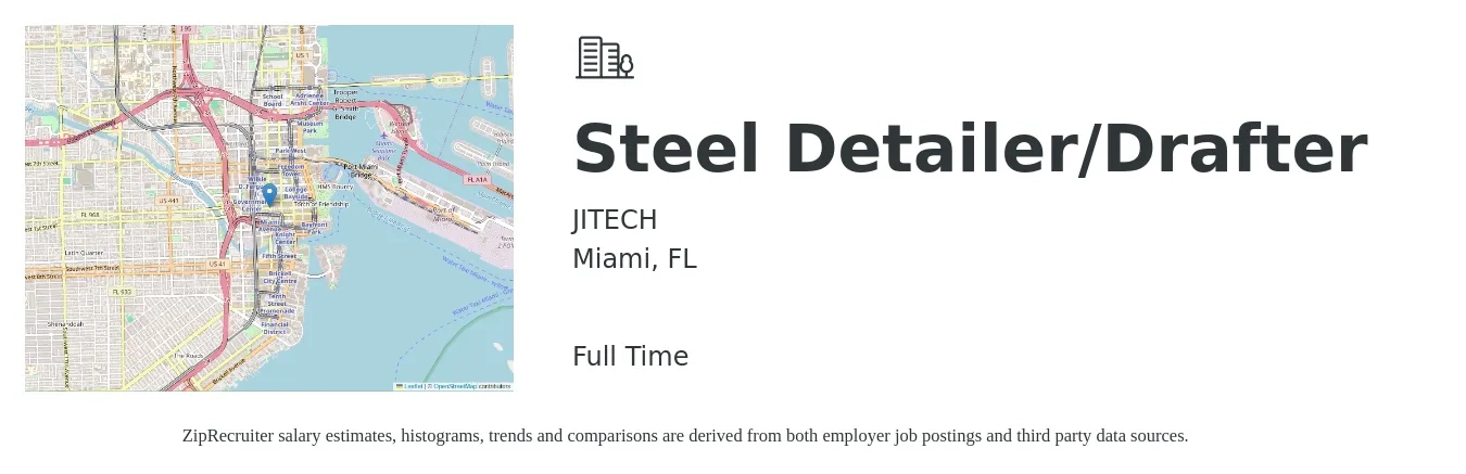 JITECH job posting for a Steel Detailer/Drafter in Miami, FL with a salary of $53,600 to $66,500 Yearly with a map of Miami location.