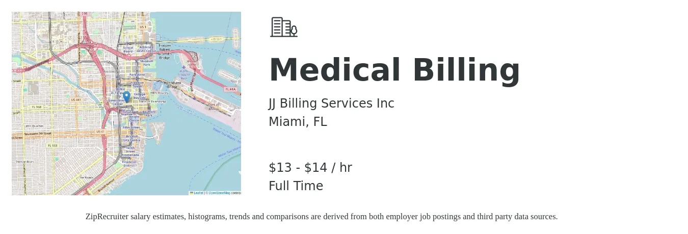 JJ Billing Services Inc job posting for a Medical Billing in Miami, FL with a salary of $14 to $15 Hourly and benefits including pto with a map of Miami location.