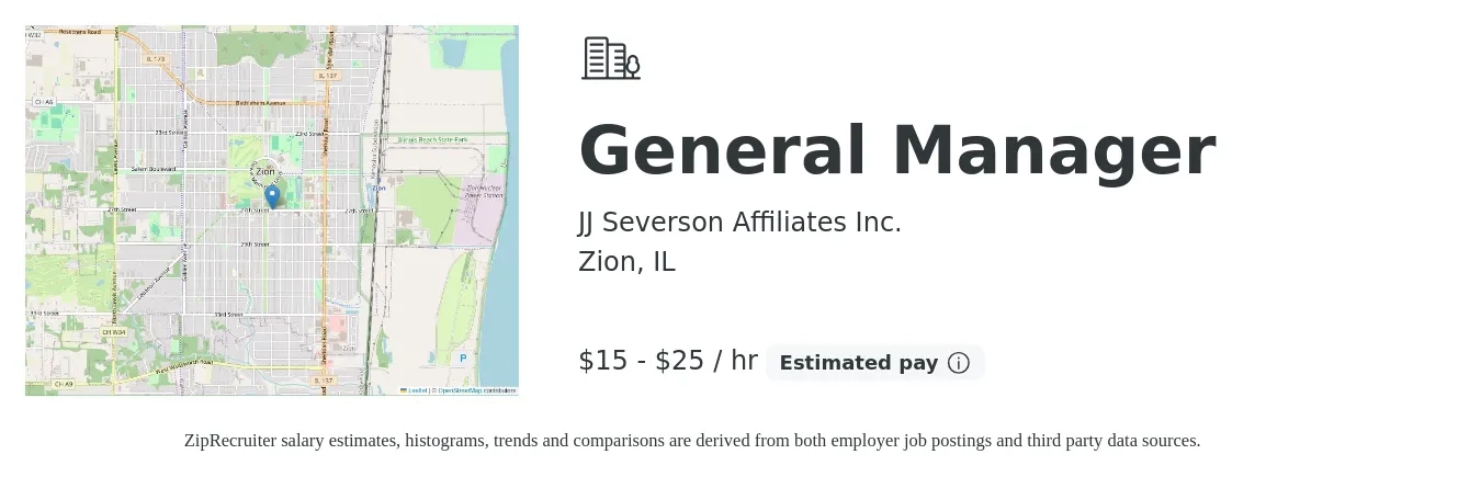 JJ Severson Affiliates Inc. job posting for a General Manager in Zion, IL with a salary of $16 to $26 Hourly with a map of Zion location.