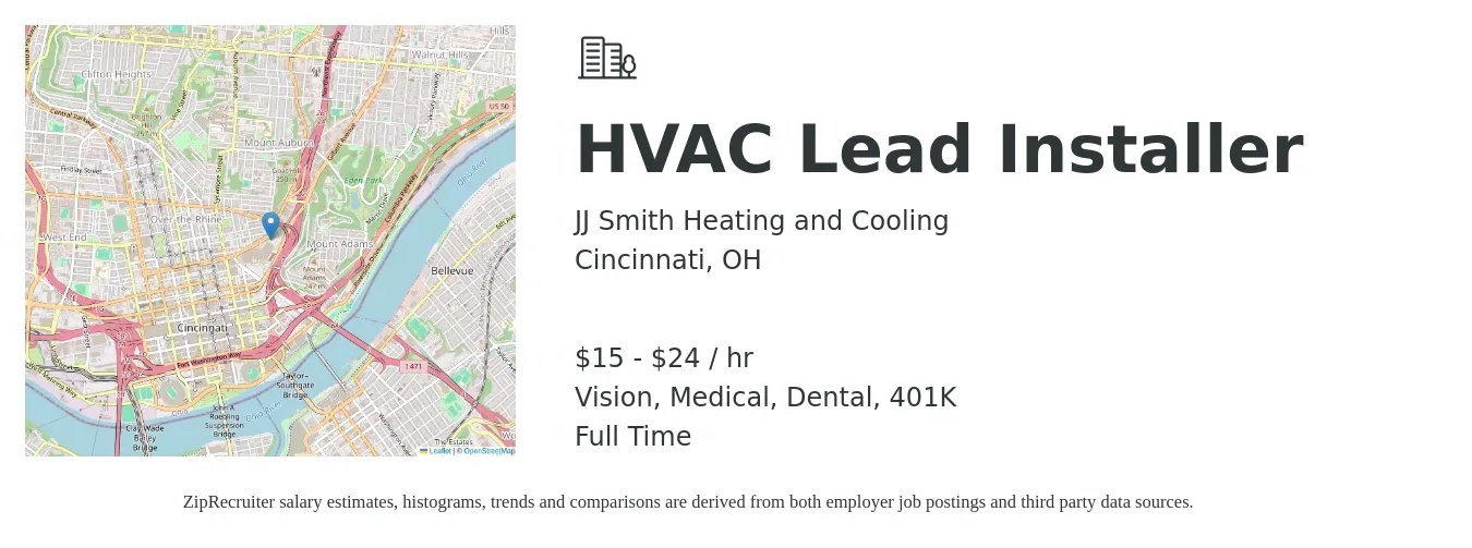 JJ Smith Heating and Cooling job posting for a HVAC Lead Installer in Cincinnati, OH with a salary of $16 to $25 Hourly and benefits including 401k, dental, medical, and vision with a map of Cincinnati location.