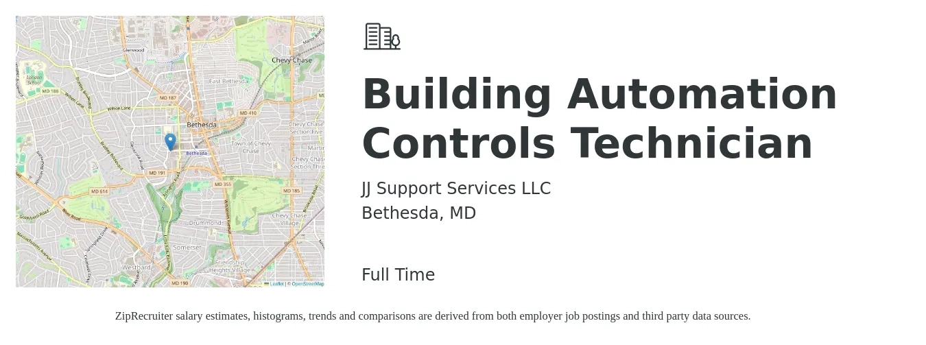 JJ Support Services LLC job posting for a Building Automation Controls Technician in Bethesda, MD with a salary of $32 to $42 Hourly with a map of Bethesda location.