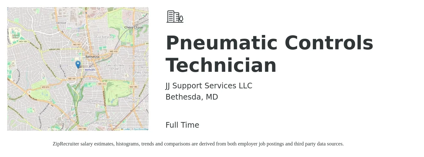 JJ Support Services LLC job posting for a Pneumatic Controls Technician in Bethesda, MD with a salary of $32 to $42 Hourly with a map of Bethesda location.